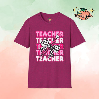 Pink Teacher Checkered Pencil Graphic Tee