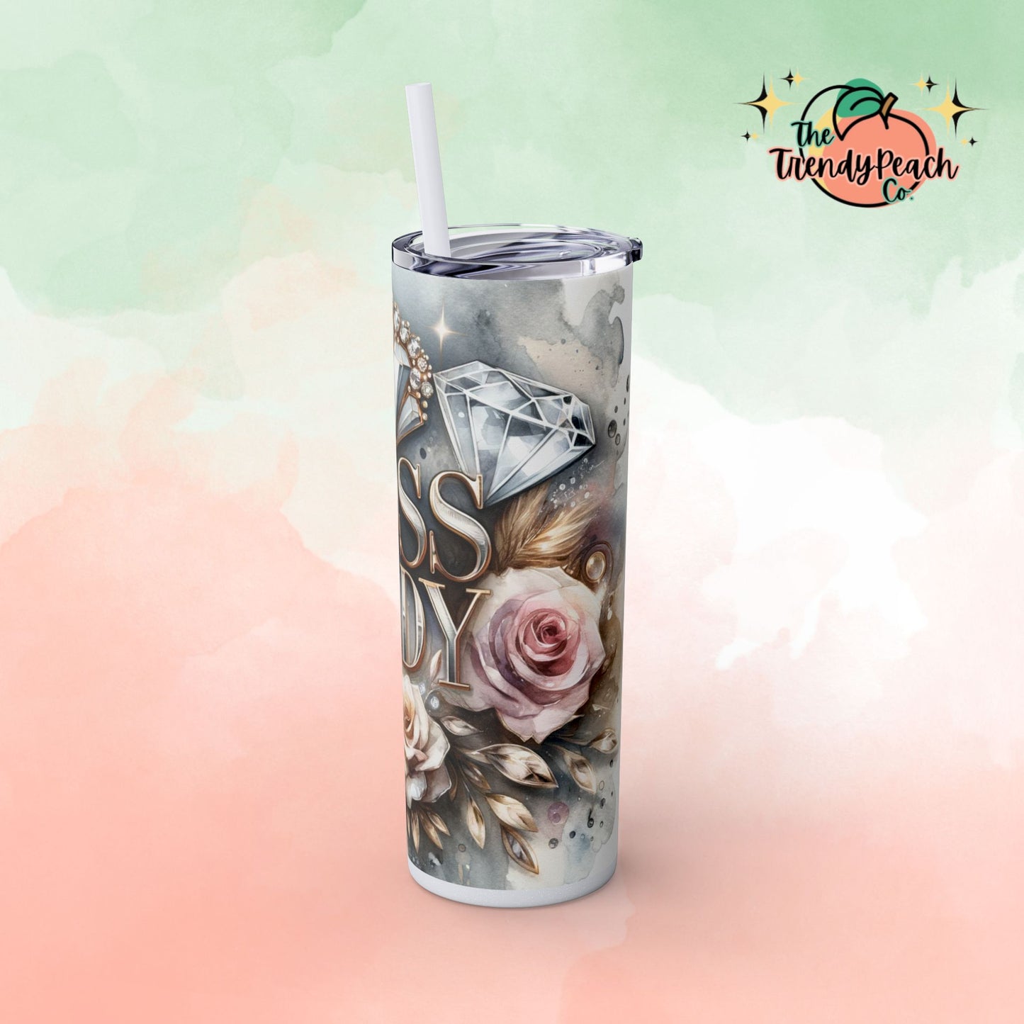 Boss Lady Diamond And Watercolor Themed 20z Tumbler with Straw