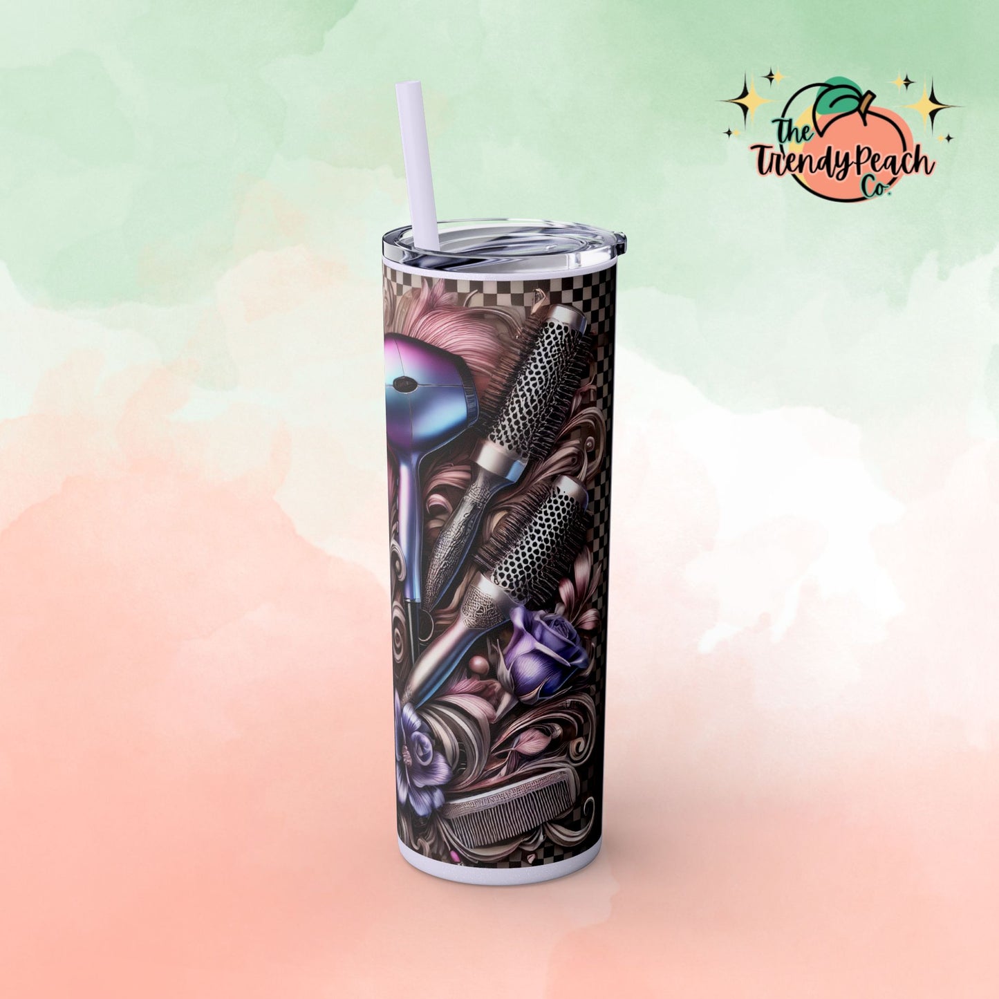 Checkered Rose Hairstylist Themed 20z Tumbler with Straw