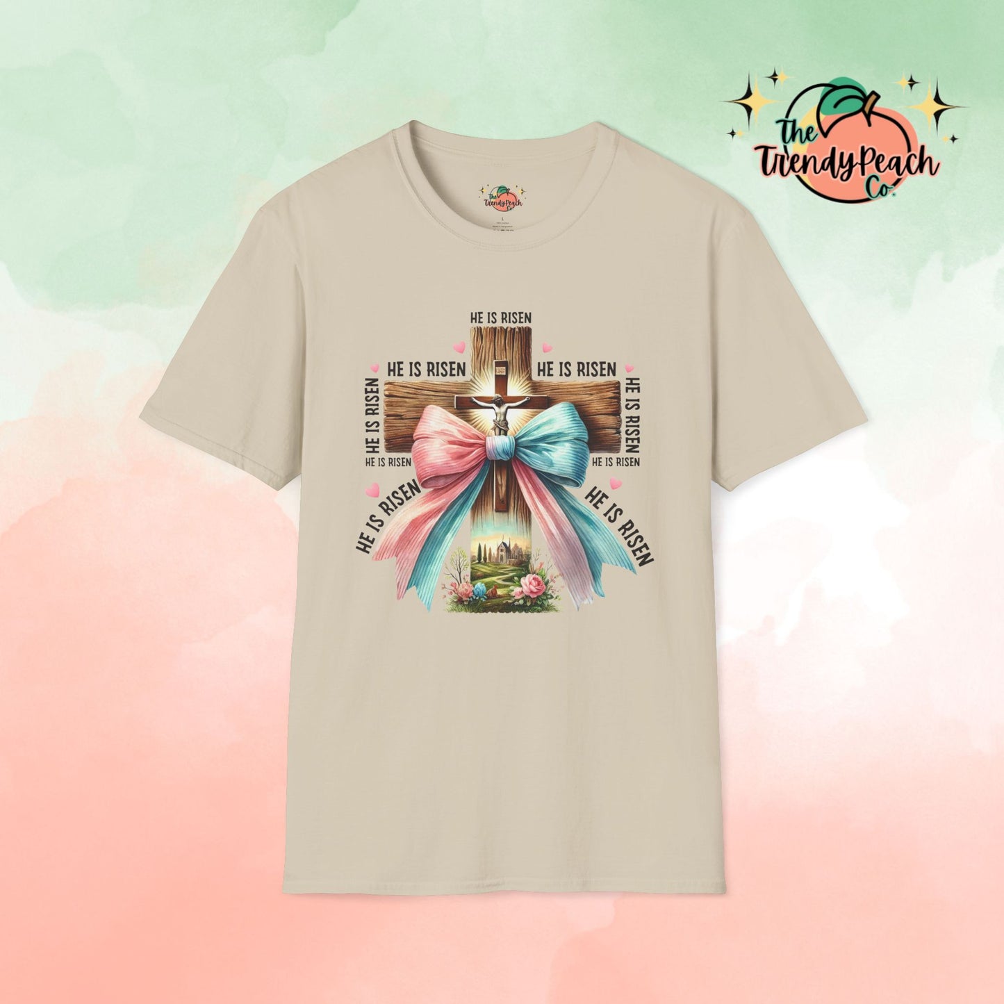 He Is Risen Jesus On Cross With Bow Easter Graphic Tee