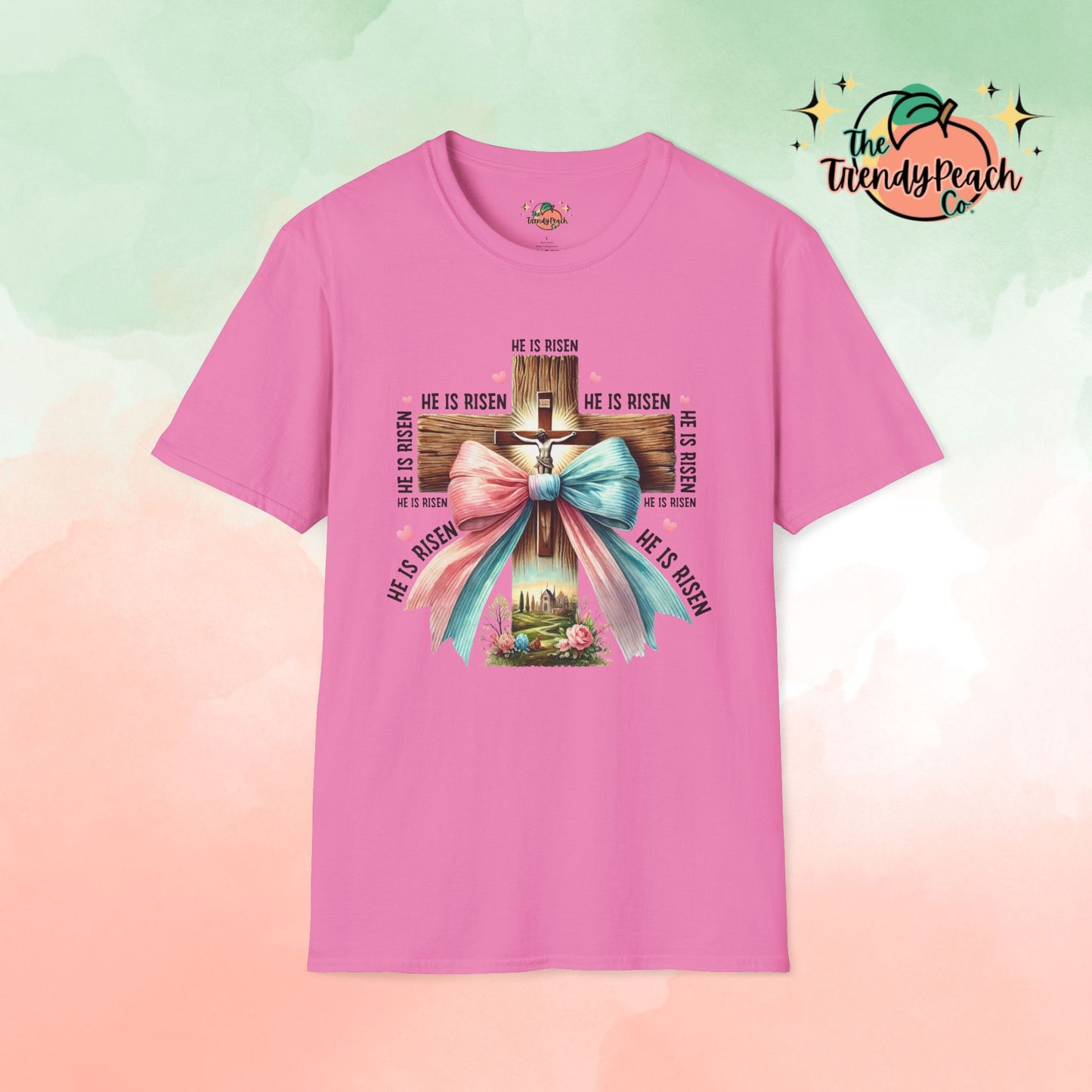 He Is Risen Jesus On Cross With Bow Easter Graphic Tee