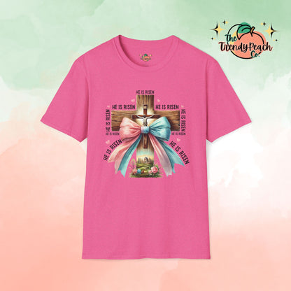 He Is Risen Jesus On Cross With Bow Easter Graphic Tee