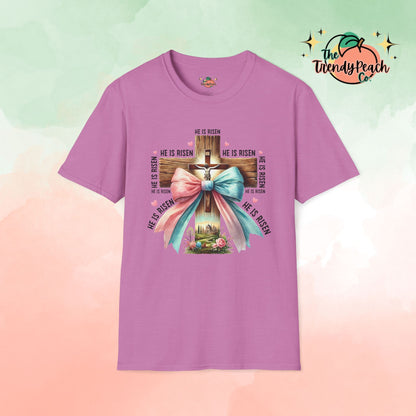 He Is Risen Jesus On Cross With Bow Easter Graphic Tee