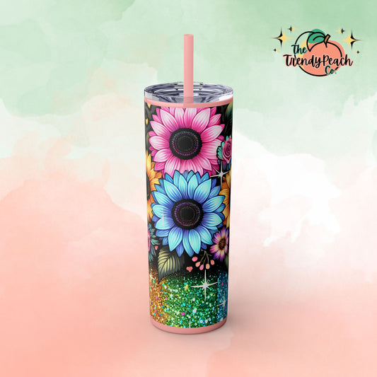 Rainbow Glitter Multicolor Sunflower 20z Tumbler with Straw