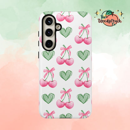 Pink Cherry Bow & Green Heart Dual Layer Phone Case