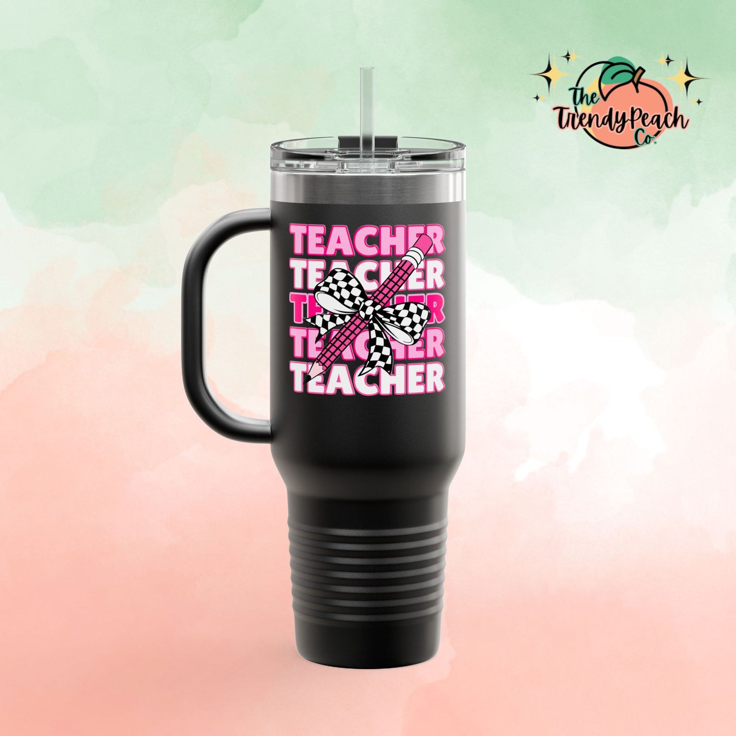 Pink Teacher Checkered Pencil Insulated 40oz Travel Mug