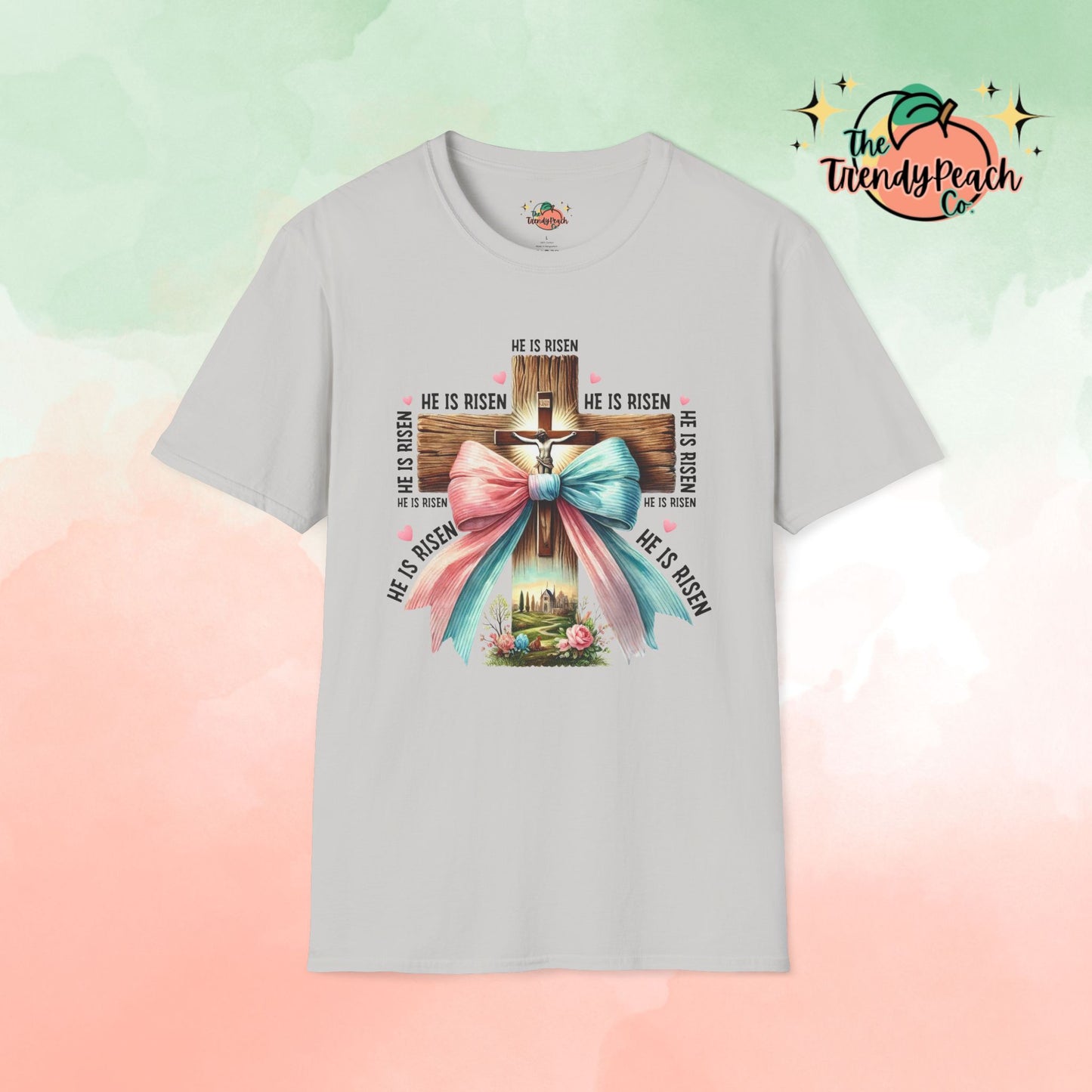 He Is Risen Jesus On Cross With Bow Easter Graphic Tee