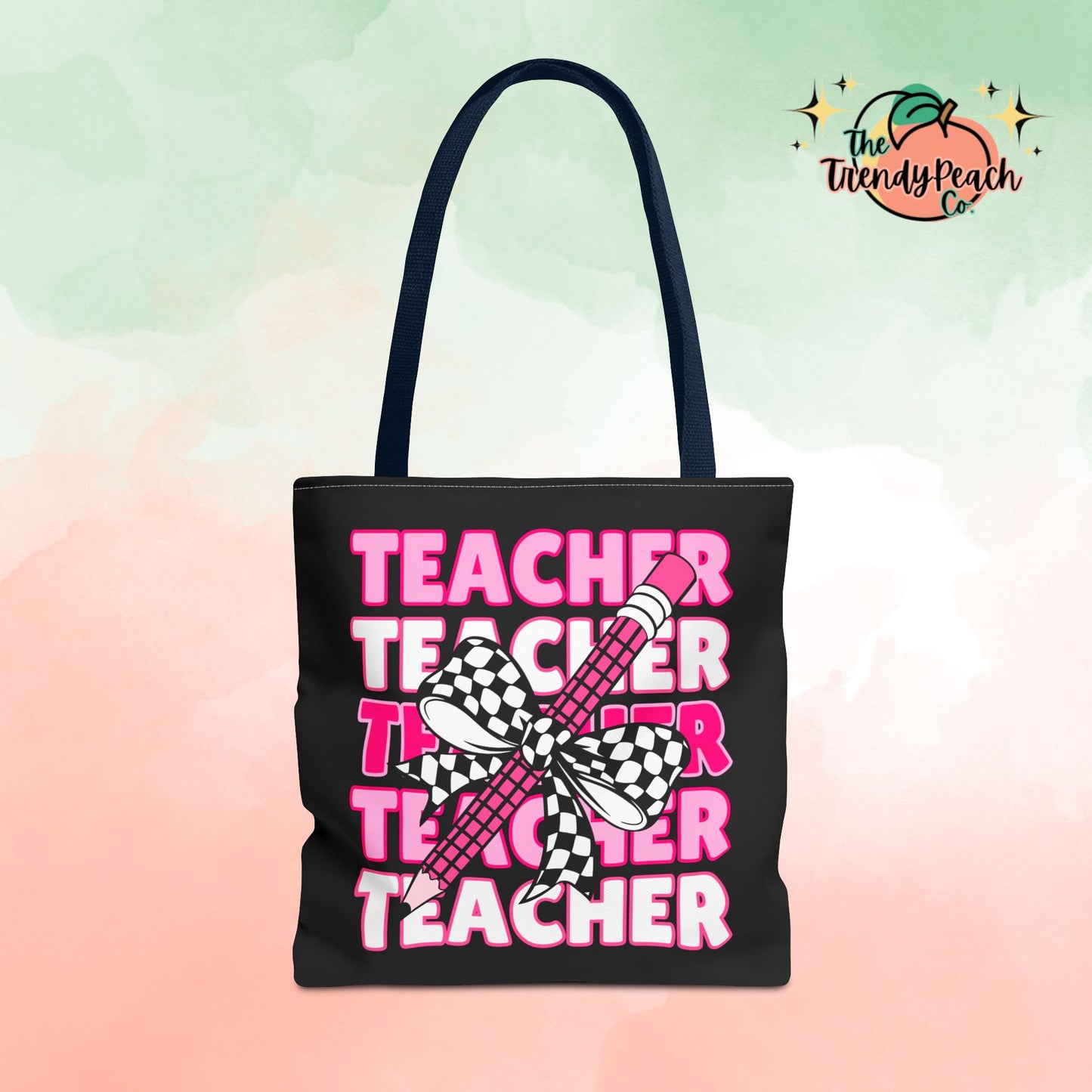 Pink Teacher Checkered Bow Pencil Tote Bag