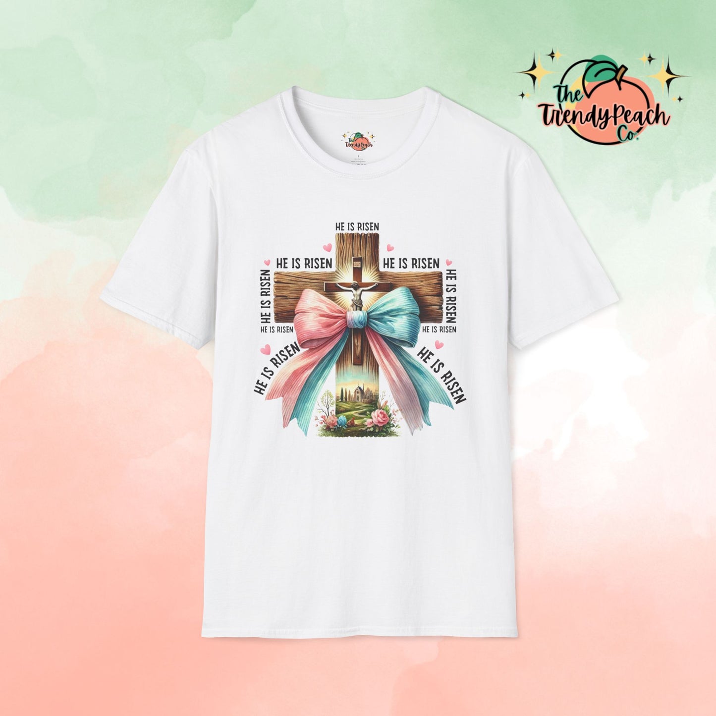 He Is Risen Jesus On Cross With Bow Easter Graphic Tee