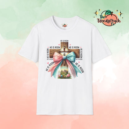 He Is Risen Jesus On Cross With Bow Easter Graphic Tee