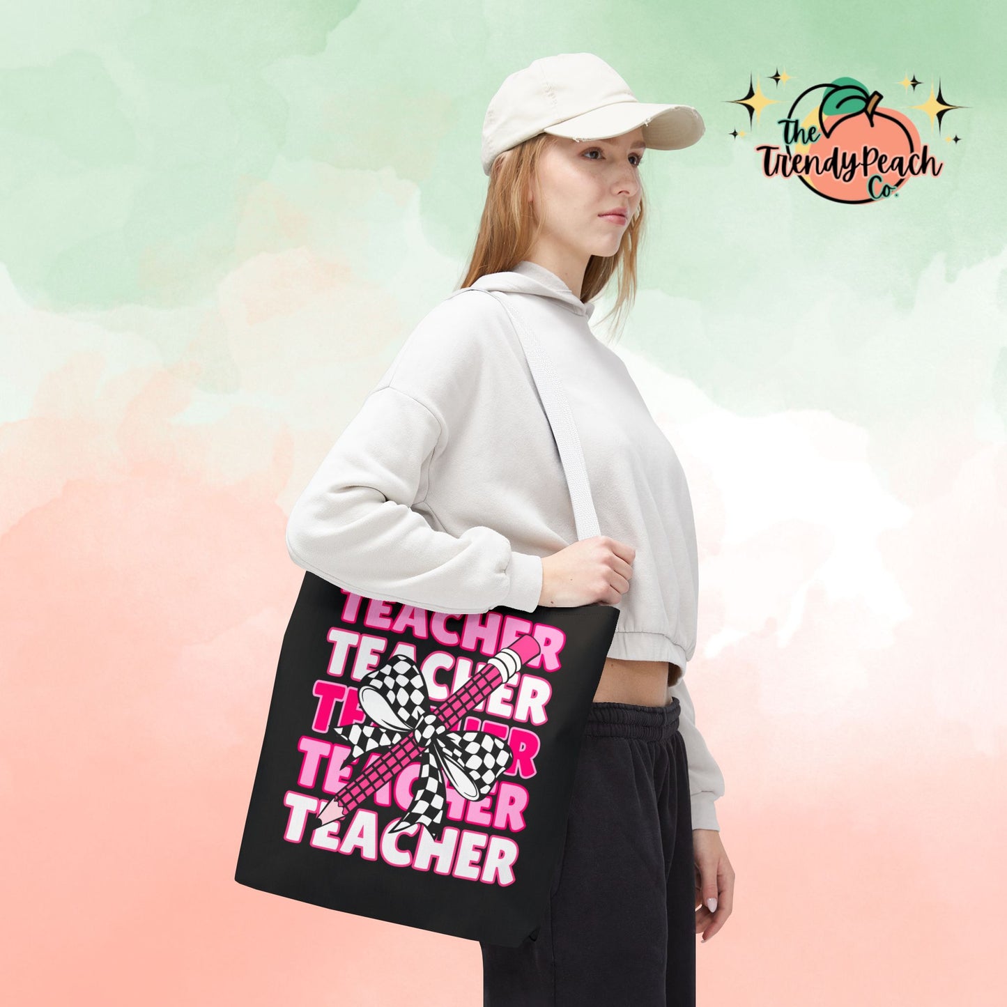 Pink Teacher Checkered Bow Pencil Tote Bag