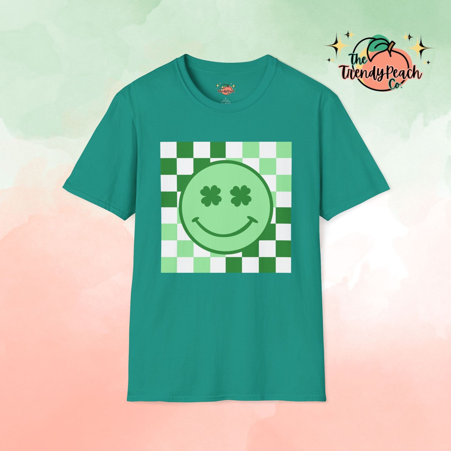 Shamrock Eyes Smiley Face Checkered Background St. Patrick's Day Graphic Tee