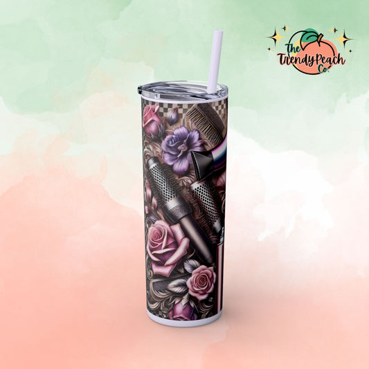 Checkered Rose Hairstylist Themed 20z Tumbler with Straw