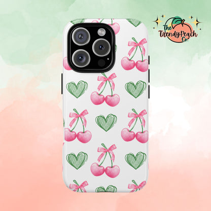 Pink Cherry Bow & Green Heart Dual Layer Phone Case