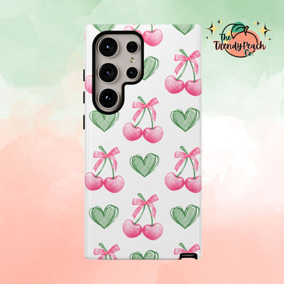 Pink Cherry Bow & Green Heart Dual Layer Phone Case