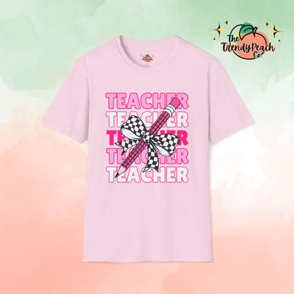 Pink Teacher Checkered Pencil Graphic Tee