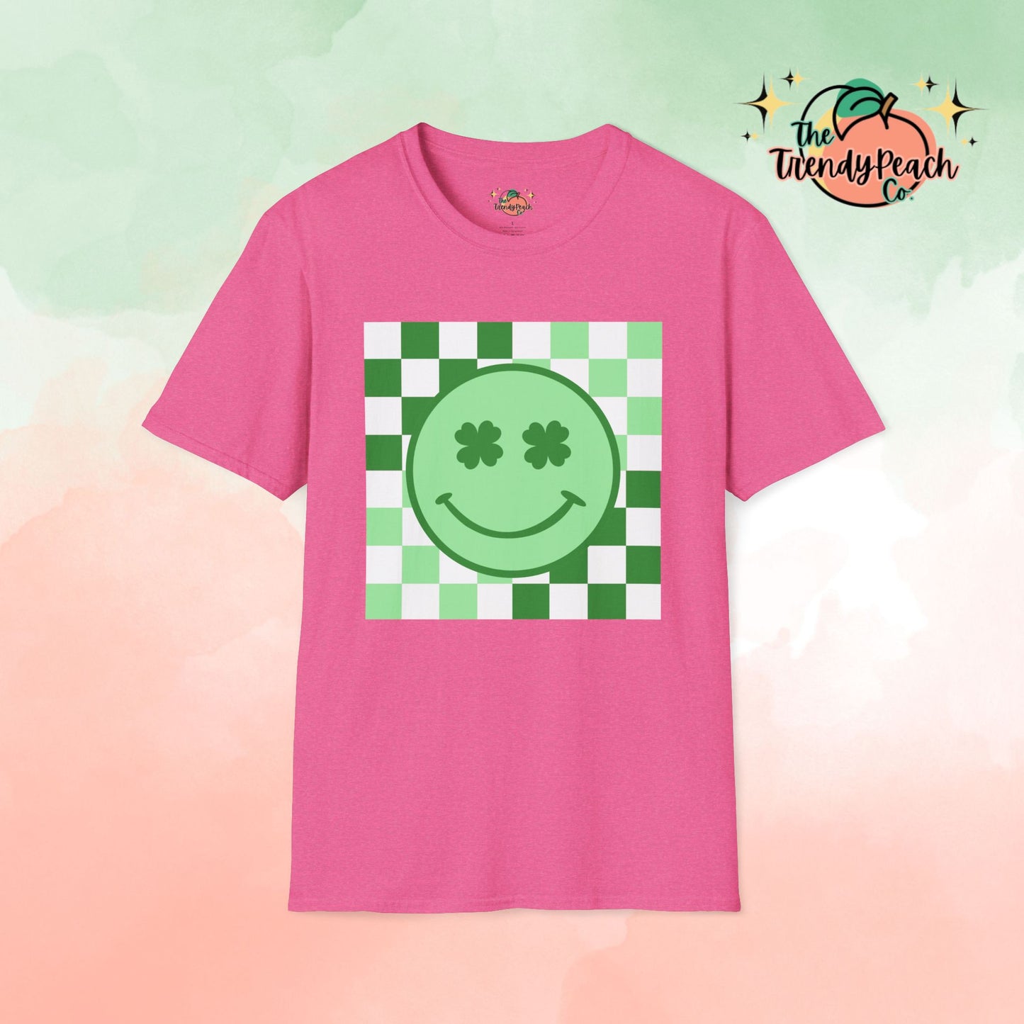 Shamrock Eyes Smiley Face Checkered Background St. Patrick's Day Graphic Tee