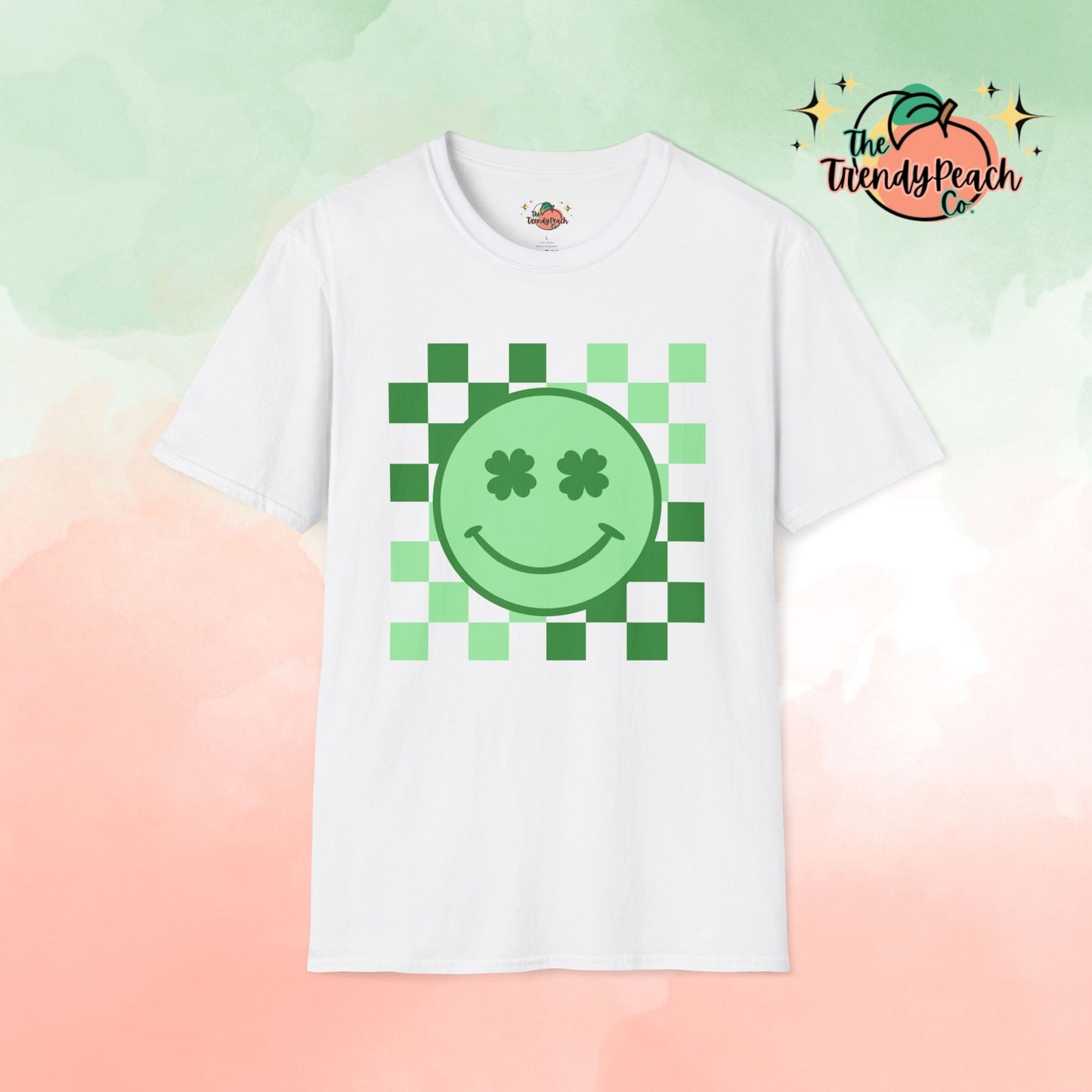 Shamrock Eyes Smiley Face Checkered Background St. Patrick's Day Graphic Tee