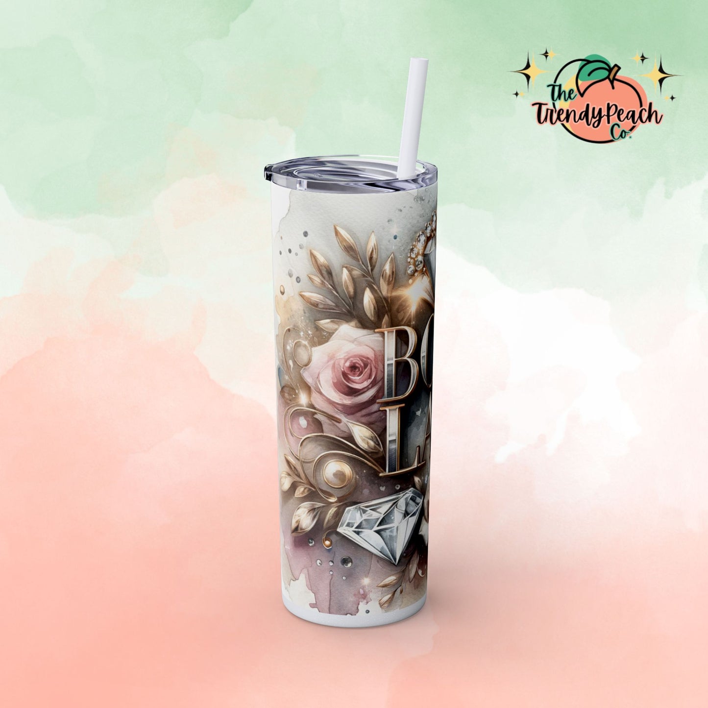 Boss Lady Diamond And Watercolor Themed 20z Tumbler with Straw