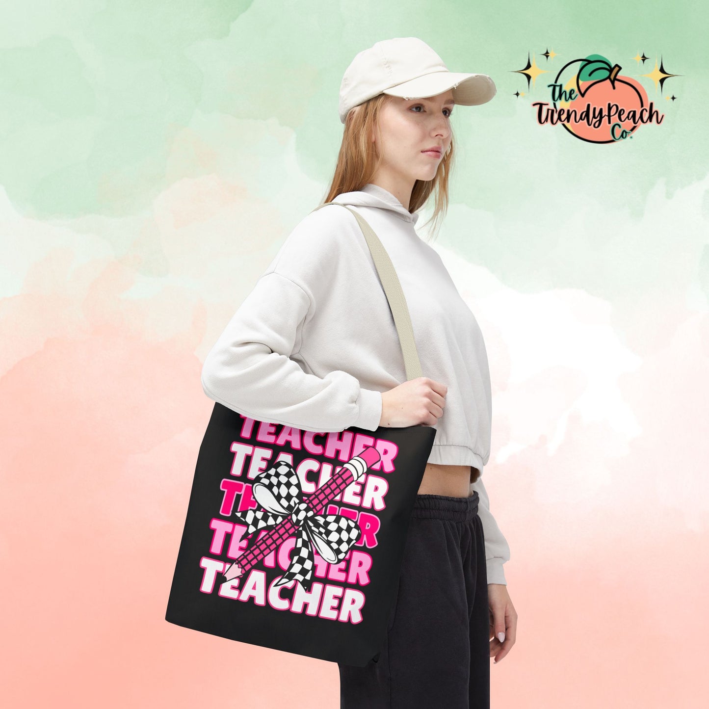 Pink Teacher Checkered Bow Pencil Tote Bag