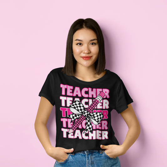 Pink Teacher Checkered Pencil Graphic Tee