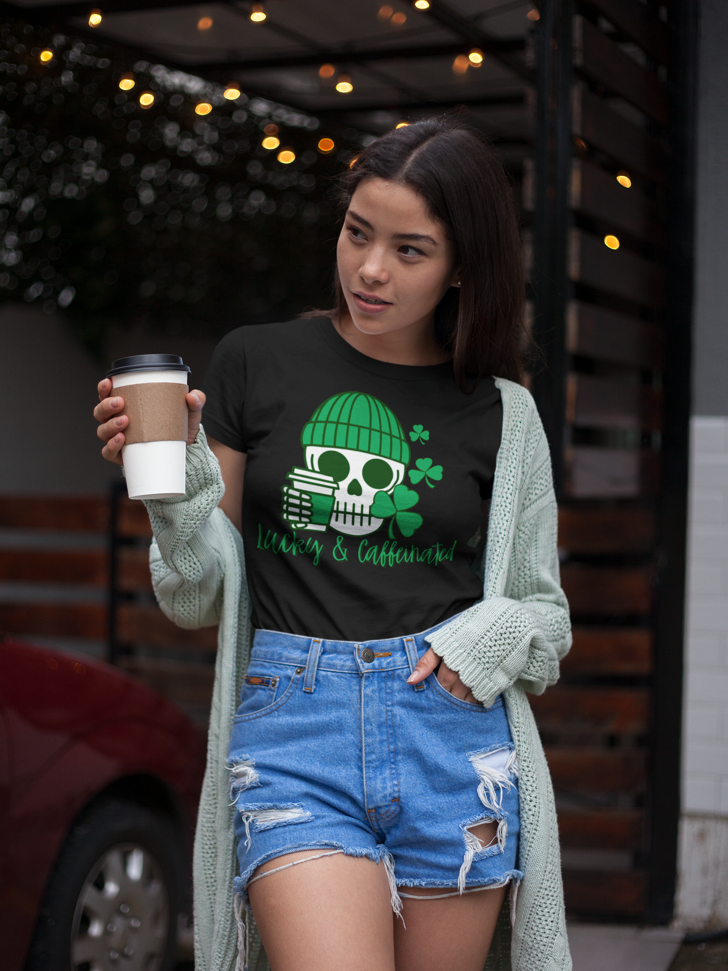 Lucky & Caffeinated Skull & Coffee St. Patrick's Day Graphic Tee