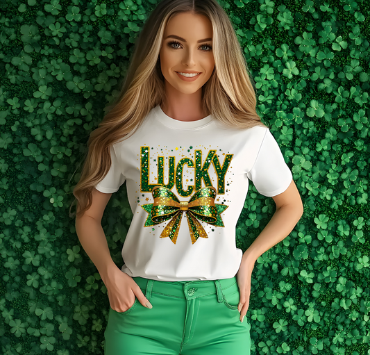 Lucky Glittery Bow St. Patrick's Day Graphic Tee