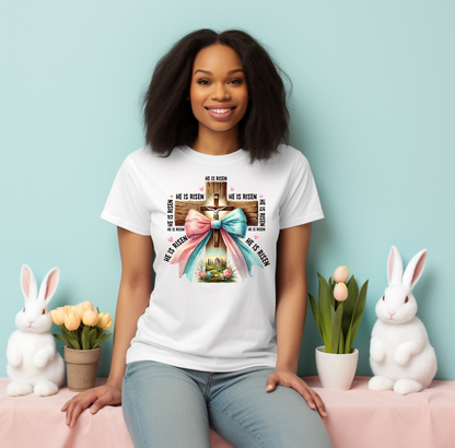 He Is Risen Jesus On Cross With Bow Easter Graphic Tee