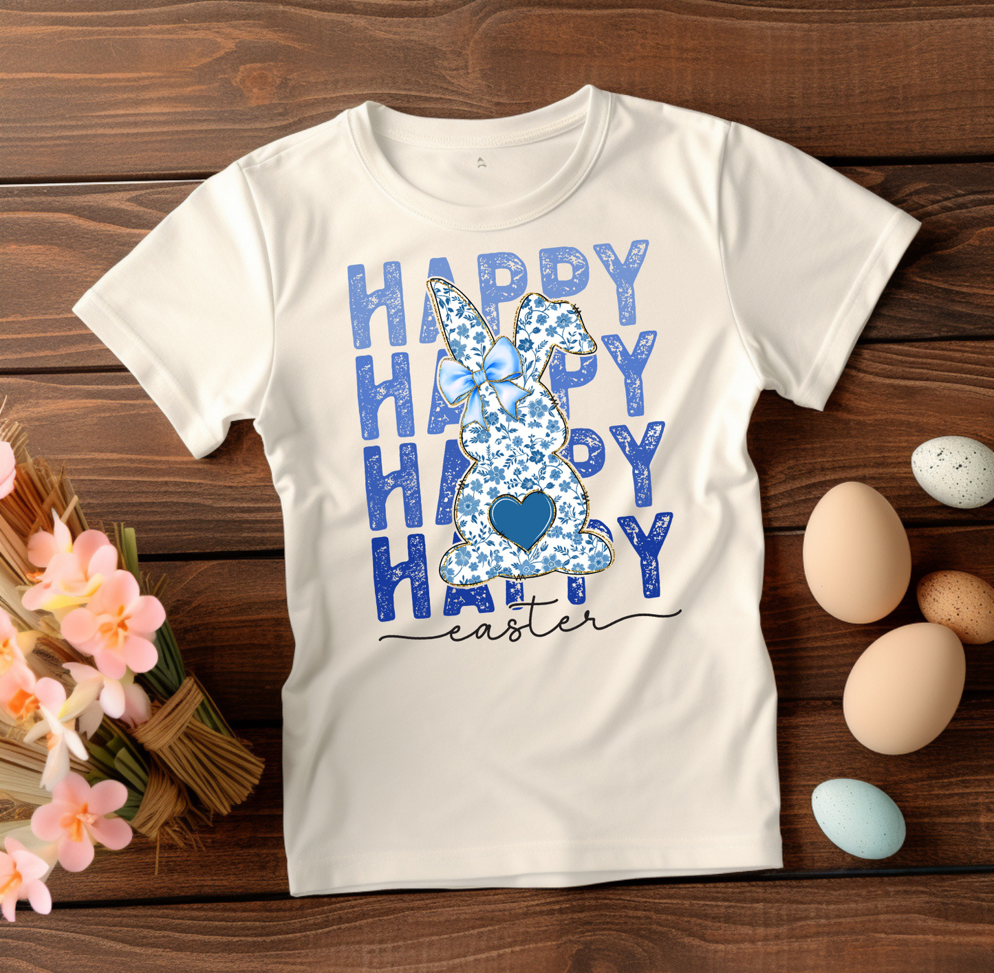 Happy Easter Vintage Blue Floral Easter Graphic Tee