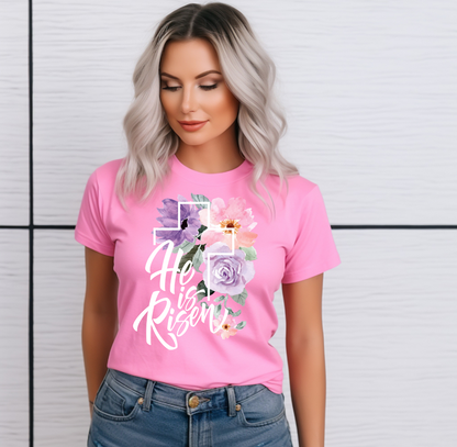 He is Risen Pink And Purple Floral Easter Graphic Tee