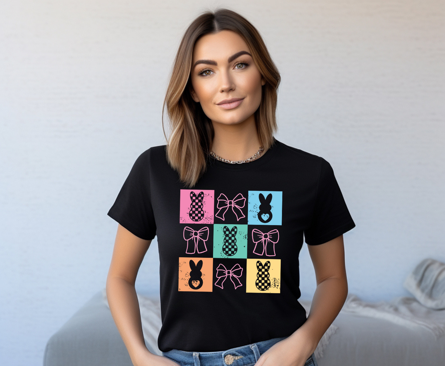 Retro Block Bows And Bunnies Easter Graphic Tee