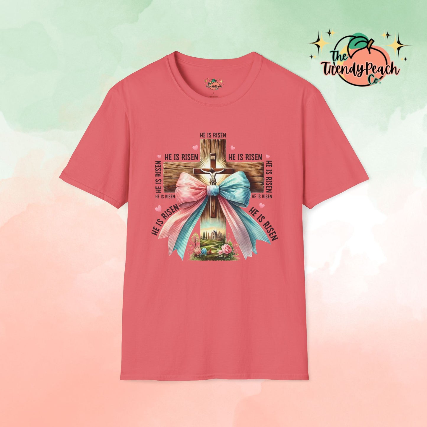 He Is Risen Jesus On Cross With Bow Easter Graphic Tee