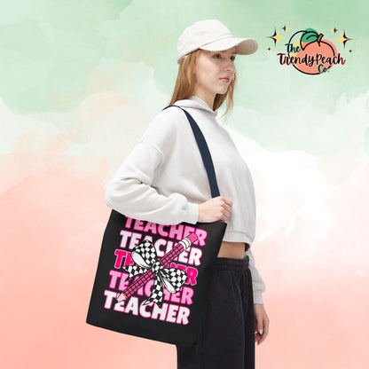 Pink Teacher Checkered Bow Pencil Tote Bag