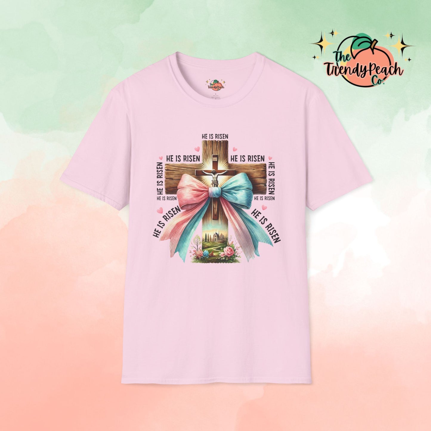 He Is Risen Jesus On Cross With Bow Easter Graphic Tee