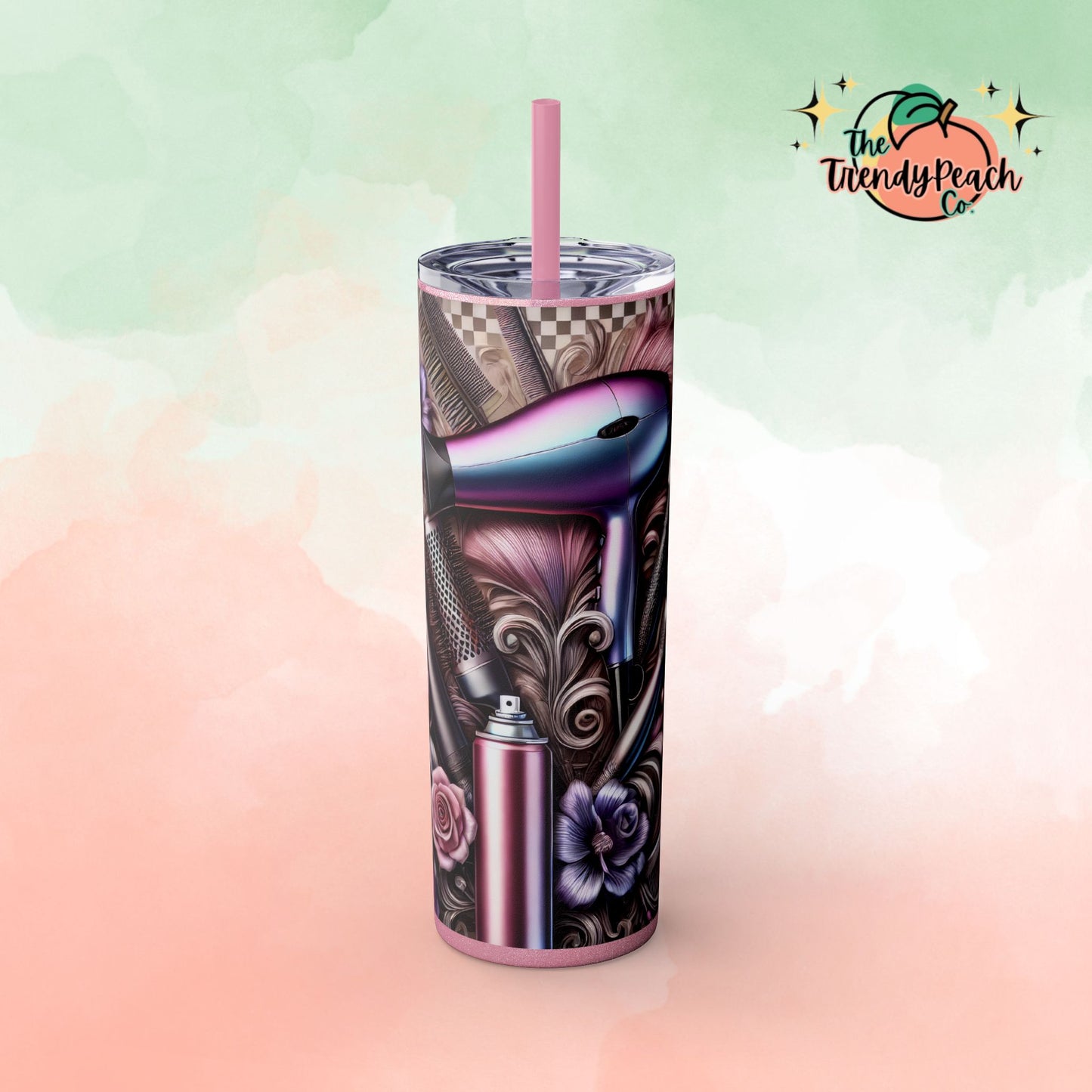 Checkered Rose Hairstylist Themed 20z Tumbler with Straw