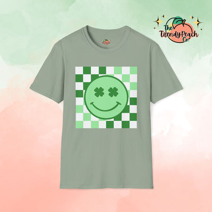 Shamrock Eyes Smiley Face Checkered Background St. Patrick's Day Graphic Tee