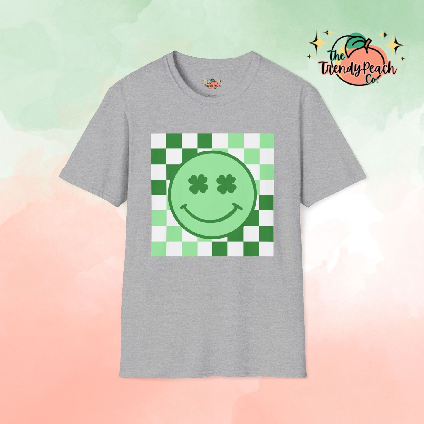 Shamrock Eyes Smiley Face Checkered Background St. Patrick's Day Graphic Tee