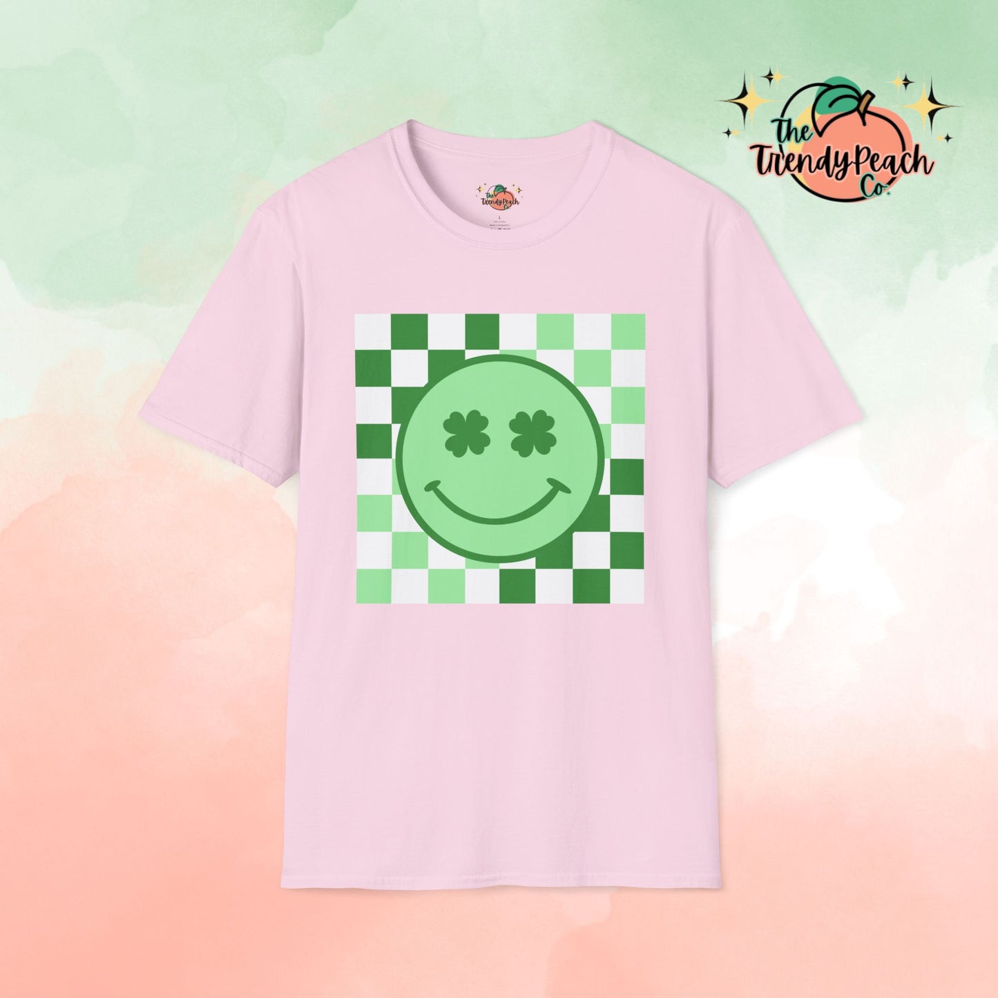 Shamrock Eyes Smiley Face Checkered Background St. Patrick's Day Graphic Tee