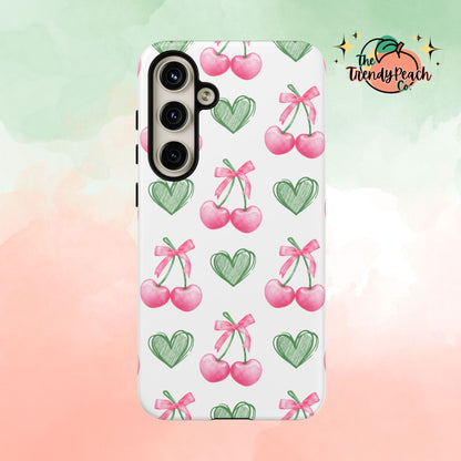 Pink Cherry Bow & Green Heart Dual Layer Phone Case