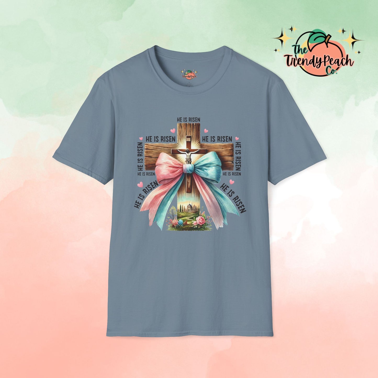 He Is Risen Jesus On Cross With Bow Easter Graphic Tee