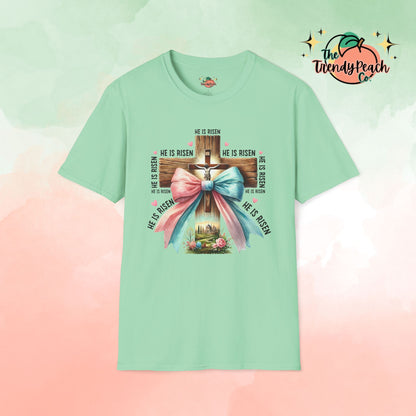 He Is Risen Jesus On Cross With Bow Easter Graphic Tee