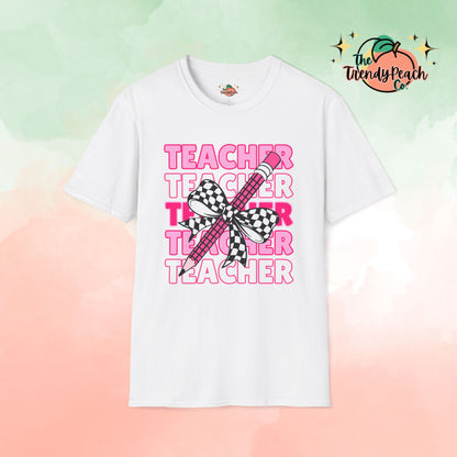 Pink Teacher Checkered Pencil Graphic Tee