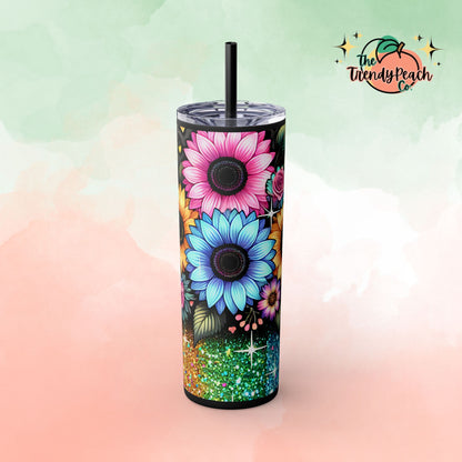 Rainbow Glitter Multicolor Sunflower 20z Tumbler with Straw