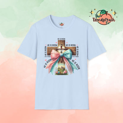 He Is Risen Jesus On Cross With Bow Easter Graphic Tee