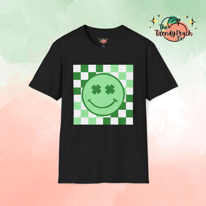 Shamrock Eyes Smiley Face Checkered Background St. Patrick's Day Graphic Tee