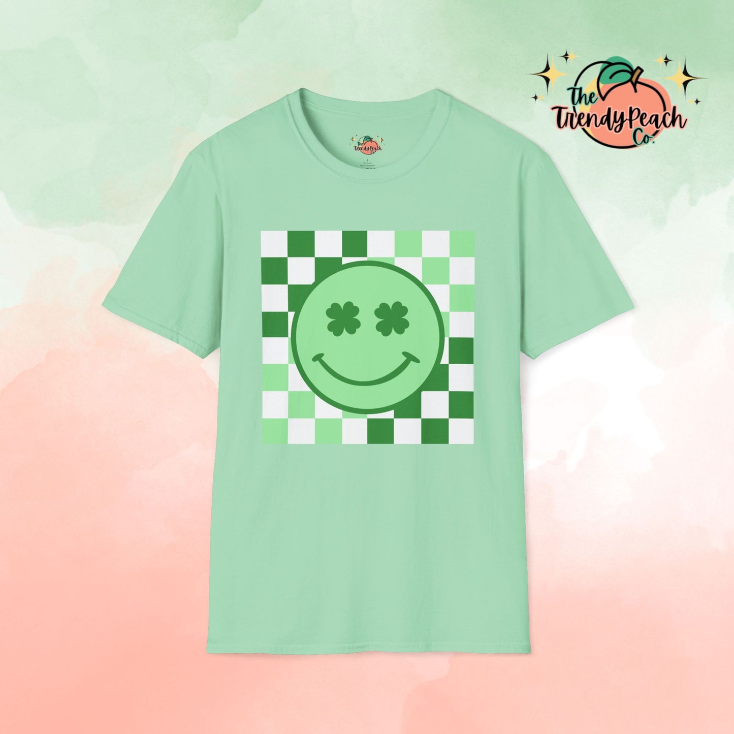 Shamrock Eyes Smiley Face Checkered Background St. Patrick's Day Graphic Tee