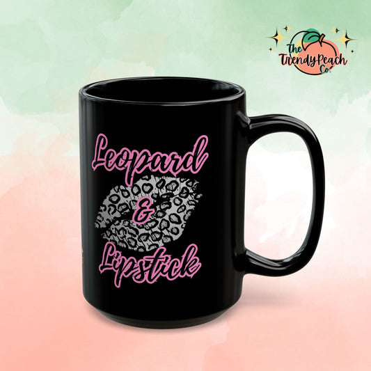 Black & Pink Leopard & Lipstick Design Ceramic Mug