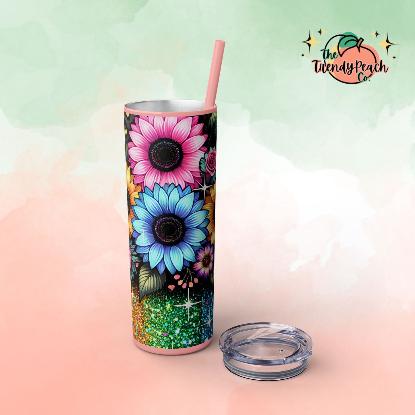 Rainbow Glitter Multicolor Sunflower 20z Tumbler with Straw