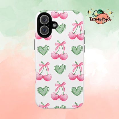 Pink Cherry Bow & Green Heart Dual Layer Phone Case