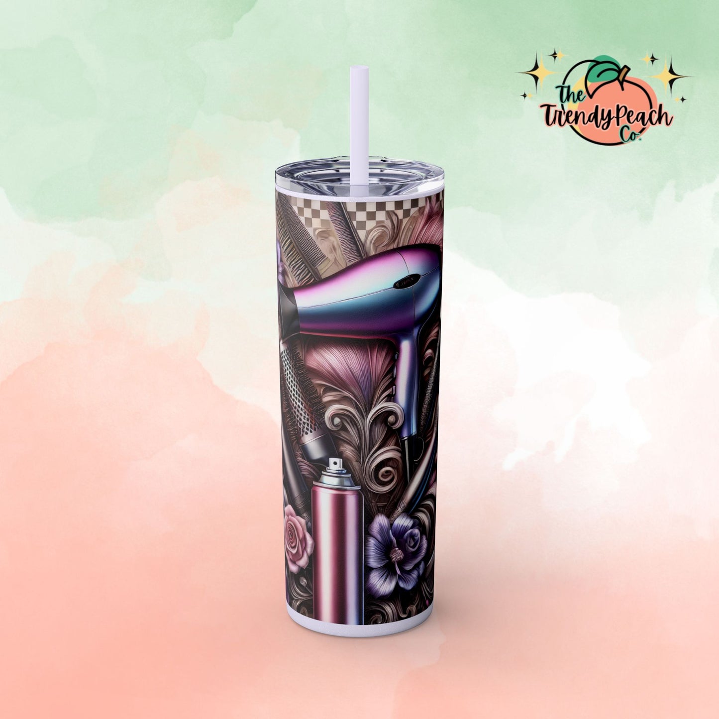 Checkered Rose Hairstylist Themed 20z Tumbler with Straw